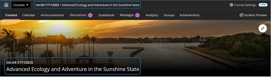 Image 3: The Course menu has been moved further to the top of the screen to make better use of screen space for users. Additionally, the menu reflects an institution’s branding, using colors and styles from your theme settings.