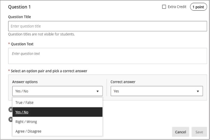 Image 1: True/false questions now include additional options.