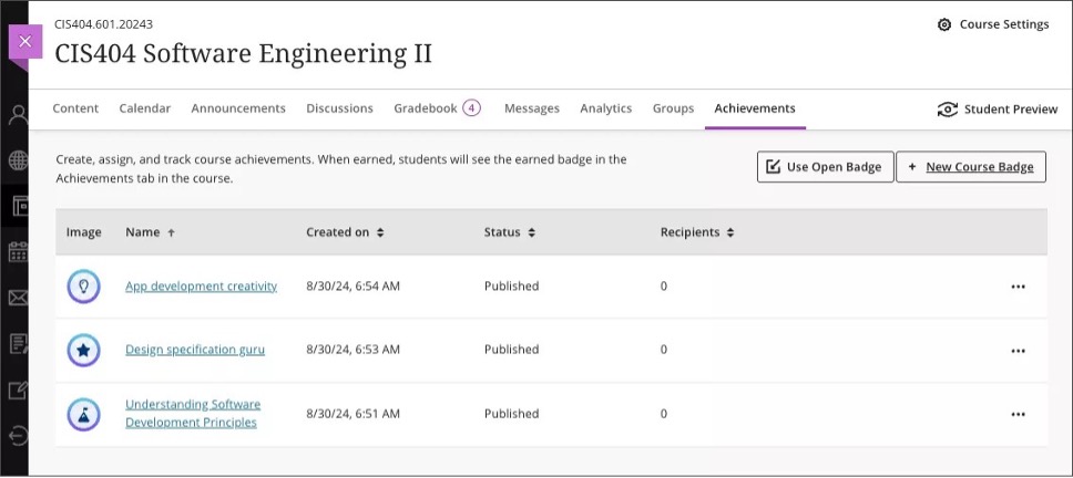 Image 1. Instructor view of the Achievements tab with Milestone integration enabled; the Use Open
	Badge button appears on the tab