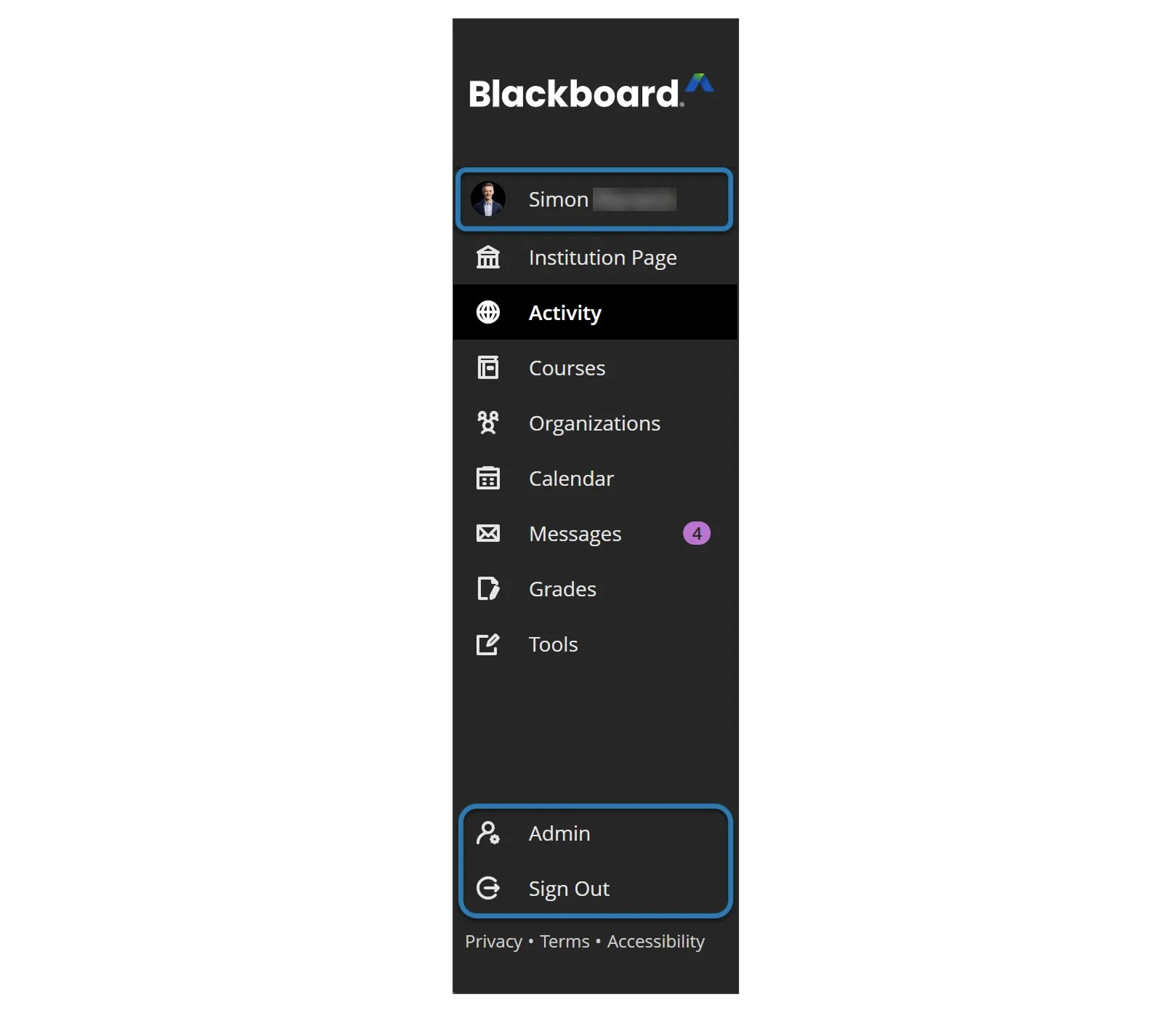 Image 1: The refreshed Base Navigation menu moves Profile to the top of the menu. Admin and Sign Out are moved to the bottom of the panel. The cleaner layout improves clarity for users.