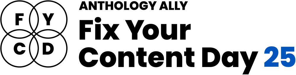 Four circles with the letters FYCD in them next to the text Anthology Ally Fix Your Content Day